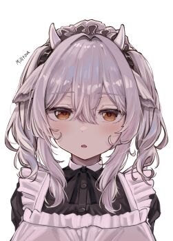 Rule 34 | 1girl, absurdres, animal ears, apron, black dress, brown eyes, character name, collared dress, cow ears, cow girl, cow horns, double-parted bangs, dress, frilled apron, frills, grey hair, hair between eyes, hashtag-only commentary, highres, horns, long hair, looking at viewer, maid, maid apron, maid headdress, milltina (vrchat), no name ver1, open mouth, sidelocks, simple background, solo, twintails, upper body, vrchat, white apron, white background