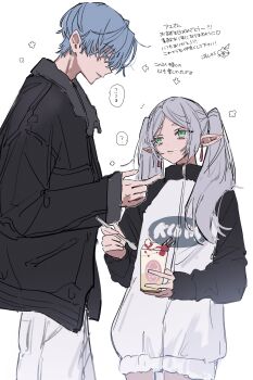 1boy 1girl ? absurdres black_jacket blue_hair earrings elf feeding food frieren hair_behind_ear highres himmel_(sousou_no_frieren) holding holding_spoon ice_cream jacket jewelry kesiks0616 long_hair long_sleeves looking_at_another looking_down parfait parted_bangs pointy_ears short_hair simple_background sketch smile sousou_no_frieren spoken_question_mark spoon sundae twintails white_background white_hair
