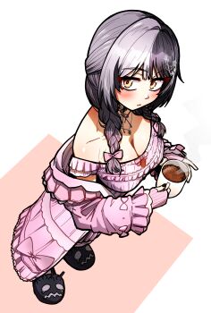 Rule 34 | 1girl, black hair, black slippers, bow, braid, breasts, cleavage, closed mouth, coat, commentary, cup, ddolbang, drink, fingerless gloves, frilled coat, frilled nightgown, frilled sleeves, frills, from above, full body, gloves, grey hair, hair bow, hair ornament, highres, holding, holding cup, holding drink, hololive, hololive english, large breasts, looking at viewer, low twin braids, multicolored hair, nightgown, official alternate costume, official alternate hairstyle, pink bow, pink coat, pink gloves, pink nightgown, ribbed gloves, shiori novella, shiori novella (sleepwear), single off shoulder, sleepwear, slippers, solo, split-color hair, twin braids, two-tone hair, virtual youtuber, yellow eyes, yorick (shiori novella)