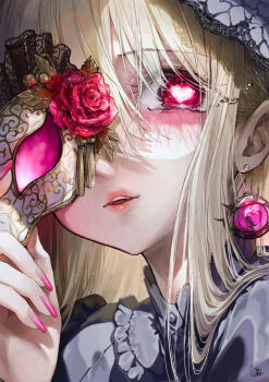 1girl absurdres blonde_hair close-up dress earrings eye_mask grey_dress heart heart-shaped_pupils highres jewelry long_hair looking_at_viewer mask negimapurinn one_eye_covered original parted_lips red_eyes removing_mask solo symbol-shaped_pupils tears