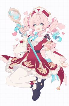 Rule 34 | 1girl, aqua eyes, bow, commentary, dress, drill hair, floral print, full body, gradient hair, grid background, hair between eyes, hat, highres, holding, holding staff, honkai: star rail, honkai (series), hyacine (honkai: star rail), ki ii37, layered dress, multicolored hair, open mouth, pantyhose, pink hair, platform shoes, pouch, shoes, sidelocks, smile, sparkling eyes, staff, twin drills, untranslatable commentary