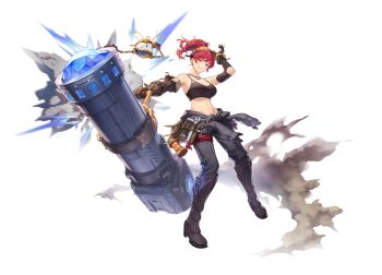 Rule 34 | 1girl, absurdres, armored boots, artist request, asymmetrical gloves, black sports bra, boots, breasts, clothes around waist, clothing cutout, dust cloud, dynamic pose, ear piercing, earrings, elbow cutout, elbow gloves, fingerless gloves, game cg, gloves, goddess order, goggles, goggles on head, grey boots, grey eyes, grey pants, grin, hair between eyes, hammer, high ponytail, highres, holding, holding weapon, jacket, jacket around waist, jewelry, large breasts, leg wrap, looking at viewer, midriff, navel, necklace, non-web source, official art, pants, piercing, ponytail, red hair, robot, scarlet olson, simple background, sleeveless, smile, solo, sports bra, standing, tachi-e, tool belt, transparent background, weapon, wrench