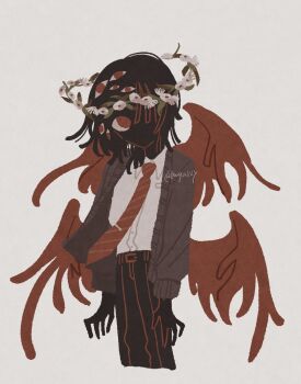 1boy arms_at_sides black_hair black_pants black_skin brown_cardigan cardigan collared_shirt colored_skin commentary cowboy_shot cropped_legs dress_shirt english_commentary extra_eyes feathered_wings fleabane flower_halo formal_clothes highres male_focus necktie pants red_eyes red_necktie red_wings ruuya1124 saihate_eki shirt short_hair solo tatsunami_shion white_shirt wings