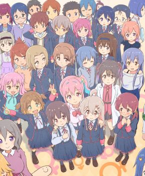 Rule 34 | 6+boys, 6+girls, :d, absurdres, ahoge, azuma chitose, black hair, black jacket, blonde hair, blue hair, blush, braid, breasts, brown eyes, brown hair, c:, commentary, double v, everyone, extra, fujimi nemu, fushimi nodoka, glasses, green eyes, grey hair, hair ornament, hairband, hairclip, hand on another's shoulder, hands on own hips, highres, hiyama yuu (wee259hiyama), holding hands, hozuki kaede, hozuki momiji, jacket, kitahara yuriko, large breasts, long hair, long sleeves, looking at viewer, male-female symbol, minakata rin, multicolored hair, multiple boys, multiple girls, murosaki miyo, nagase miyako, nanami raika, nishimiya mari, nogata misao, oka asahi, onii-chan wa oshimai!, open mouth, orange hair, out of frame, oyama mahiro, oyama mihari, pink hair, purple eyes, sakurada yuuta, school uniform, senkawa minato, shiina minori, short hair, side ponytail, skirt, smile, standing, suspender skirt, suspenders, tachikawa aoi, takada satsuki, tenkawa nayuta, twin braids, two-tone hair, two side up, v, venus symbol, yasaka mai