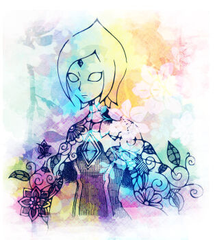 1girl black_outline blank_eyes cape chatan_(160429) chest_jewel commentary_request fi_(zelda) floral_background floral_print flower forehead_jewel looking_to_the_side nintendo no_pupils outline partially_colored patterned patterned_background short_hair solo the_legend_of_zelda the_legend_of_zelda:_skyward_sword
