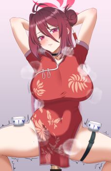 1girl arms_behind_head balancing blue_archive bouncing bouncing_breasts breasts breath china_dress chinese_clothes clothed_sex covered_navel covered_pussy cup dress hair_bun hair_ornament halo highres huge_breasts kenja_panda looking_at_viewer mole mole_on_thigh mole_under_eye reijo_(blue_archive) spread_legs squatting_cowgirl_position teacup thick_thighs thigh_strap thighs trembling_legs vaginal wide_hips wide_spread_legs