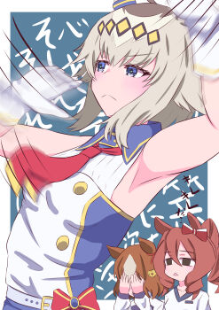 3girls :< absurdres animal_ears belno_light_(umamusume) blue_dress blue_jacket boots bow brown_eyes brown_hair closed_mouth collared_dress covering_face dress dress_bow drill_hair drill_sidelocks ear_bow ear_ribbon embarrassed empty_eyes frown gloves gym_shirt hair_ornament hat highres jacket kasamatsu_tracen_training_uniform kishiroki letter_hair_ornament long_hair medium_hair motion_blur multicolored_hair multiple_girls necktie norn_ace_(umamusume) oguri_cap_(umamusume) red_boots red_necktie shirt short_hair side_drill sidelocks sleeveless sleeveless_dress text_background tracen_ondo_outfit_(umamusume) track_jacket translated two-tone_dress two-tone_hair umamusume umamusume:_cinderella_gray white_dress white_gloves white_hat white_shirt