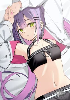 1girl absurdres armpits arms_up bare_shoulders belt black_choker breasts choker collarbone crop_top cropped_jacket ear_piercing earrings green_eyes hair_ornament hairclip halterneck hashtag-only_commentary highres hololive jacket jewelry long_hair long_sleeves looking_at_viewer lying midriff multicolored_hair nail_polish navel navel_piercing o-ring o-ring_choker on_back open_clothes open_jacket parted_lips piercing purple_hair shirt sidelocks sleeveless sleeveless_shirt small_breasts solo stomach streaked_hair thomas_8000 tokoyami_towa tokoyami_towa_(1st_costume) twintails very_long_hair white_jacket