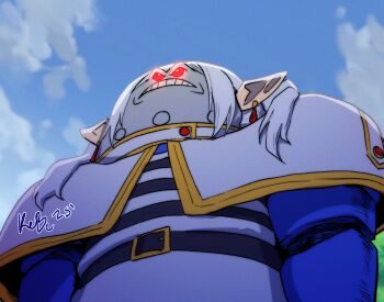 1other belt blue_sky frieren from_below fusion glowing glowing_eyes hatemonger_(space_king) highres meme outdoors phelix_kelvin pointy_ears sky solo sousou_no_frieren space_king upward_angle_frieren_drawing_(meme)