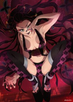 1girl armpits bare_arms bare_shoulders black_hair black_nails black_thighhighs breasts claw_pose cleavage collarbone daki_(kimetsu_no_yaiba) dalc_rose eyebrows eyelashes facial_mark fangs female_focus fingernails floating_hair full_body geta green_eyes hair_ornament hair_pulled_back hair_stick hand_over_eye hand_up highres japanese_clothes kimetsu_no_yaiba lace lace_legwear lace_panties large_breasts light_particles lips long_fingernails long_hair looking_at_viewer midriff nail_polish navel obi open_mouth panties platform_clogs pointing purple_panties revealing_clothes sash shadow sharp_fingernails smile solo squatting teeth text_in_eyes thighhighs toeless_legwear toenail_polish toenails underwear very_long_hair