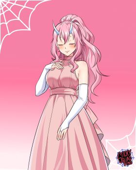 1girl breasts bridal_gauntlets closed_eyes commentary dress english_commentary heyreza.art high_ponytail highres horns long_dress long_hair medium_breasts pink_background pink_dress ponytail short_eyebrows shuna_(tensura) smile solo tensei_shitara_slime_datta_ken turtleneck turtleneck_dress white_bridal_gauntlets white_horns