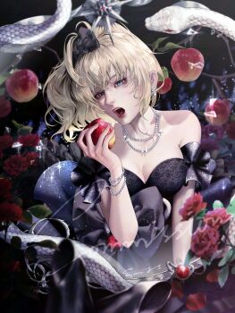 1girl absurdres apple bare_shoulders bianca_(path_to_nowhere) black_dress blonde_hair br1ghtn3ss breasts cleavage cowboy_shot dress food fruit hair_ribbon hand_up highres holding holding_food holding_fruit jewelry leaning_forward looking_at_viewer necklace open_mouth path_to_nowhere pearl_necklace ribbon snake solo standing