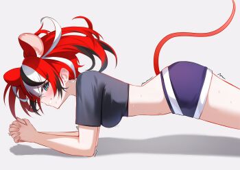 Rule 34 | 1girl, animal ear fluff, animal ears, arm support, black hair, black shirt, black streaks, blue eyes, blush, breasts, commentary, crop top, double-parted bangs, hair between eyes, hakos baelz, hanging breasts, highres, hololive, hololive english, looking at viewer, medium breasts, mouse ears, mouse girl, mouse tail, multicolored hair, navel, own hands clasped, own hands together, planking, purple shorts, red hair, shadow, shirt, shorts, shuvi (shuvi1125), sideways mouth, smile, sweat, tail, thighs, trembling, twintails, uneven twintails, virtual youtuber, white background, white hair