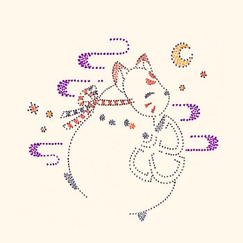 Rule 34 | animal focus, bird, commentary request, crescent moon, egasumi, fox mask, full body, highres, long-tailed tit, mask, mask on head, moon, no humans, original, solo, tit (bird), traditional media, usagi shigeko