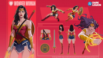 black_hair blue_eyes boots bracer commentary dc:_dark_legion dc_comics english_commentary gold_bracer highres lasso lasso_of_truth leotard red_lips reference_sheet shield strapless strapless_leotard sword tiara weapon wonder_woman