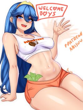 1girl alternate_costume anisdrawn blue_eyes blue_hair blush brand_of_the_exalt breasts covered_erect_nipples crop_top dolphin_shorts employee_uniform english_text fire_emblem fire_emblem_awakening hair_between_eyes highres hooters long_hair looking_at_viewer lucina_(fire_emblem) medium_breasts midriff money motion_lines navel nintendo open_mouth orange_shorts print_tank_top short_shorts shorts simple_background smile solo symbol-shaped_pupils tank_top thick_thighs thighs tiara tucked_money waitress waving white_background