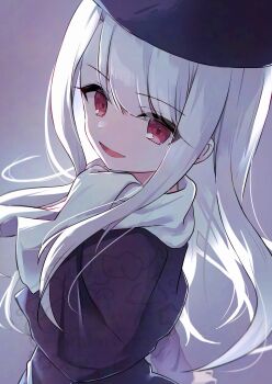 1girl commentary_request fate/stay_night fate_(series) hat highres illyasviel_von_einzbern looking_at_viewer open_mouth potarou_pomi purple_hat red_eyes scarf simple_background solo white_hair white_scarf winter_clothes