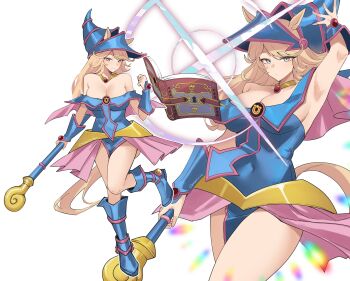 1girl absurdres animal_ears arm_up armpits bare_shoulders blonde_hair blue_boots blue_dress blue_eyes blue_hat book boots breasts cleavage closed_mouth commentary commission cosplay covered_navel dark_magician_girl dark_magician_girl_(cosplay) dress floating floating_book floating_object full_body gold_city_(umamusume) hat highres holding holding_staff horse_ears horse_tail large_breasts looking_at_viewer mage_staff multiple_views off-shoulder_dress off_shoulder pelvic_curtain pinepin pink_skirt showgirl_skirt simple_background skirt smile staff standing standing_on_one_leg swept_bangs tail thighs umamusume white_background wizard_hat yu-gi-oh! yu-gi-oh!_duel_monsters