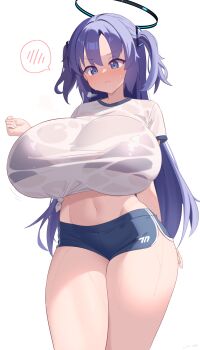 1girl absurdres black_bra black_shorts blue_archive blue_eyes blush bra bra_visible_through_clothes breasts closed_mouth commentary_request curvy embarrassed gabai gym_uniform hair_between_eyes halo highres huge_breasts long_hair mechanical_halo navel purple_hair see-through_clothes shirt short_shorts short_sleeves shorts simple_background spoken_blush standing sweat thighs tied_shirt underwear v-shaped_eyebrows wet wet_clothes wet_shirt white_background white_shirt yuuka_(blue_archive)