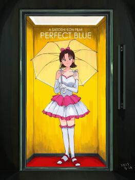 1girl bow dress elevator frilled_dress frills hair_bow kirigoe_mima kon_satoshi_(director) mutsu_(layergreen) perfect_blue pink_bow red_shoes shoes solo tagme umbrella