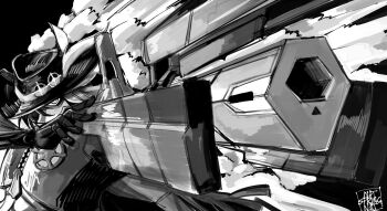 1boy arm_up boothill_(honkai:_star_rail) commentary cowboy_hat cropped_jacket cyborg english_commentary greyscale gun hat highres honkai:_star_rail honkai_(series) jacket male_focus monochrome one_eye_covered railgun sheriff_badge solo unzipped watspringnat weapon zipper zipper_pull_tab