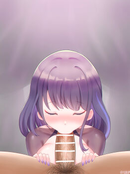 1boy 1girl absurdres artist_name blunt_bangs blush breasts censored closed_eyes commentary erection fellatio genshin_impact hetero highres huge_breasts leaning_forward lhp mosaic_censoring multicolored_hair nose_blush oral penis pov pubic_hair purple_hair purple_nails raiden_shogun sex solo_focus streaked_hair veins veiny_penis