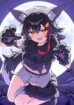 1girl :d absurdres animal_ear_fluff animal_ears animal_hands black_gloves black_hair black_shirt black_shoes claw_pose commentary_request cropped_shirt deaver double-parted_bangs flipped_hair full_moon gloves grey_shorts hair_between_eyes hair_ornament hairclip highres hololive huge_moon long_hair looking_at_viewer midriff moon multicolored_hair navel night ookami_mio open_mouth outdoors paw_gloves red_hair shirt shoes shorts sidelocks sleeveless sleeveless_shirt smile solo streaked_hair tail tail_around_own_leg virtual_youtuber wolf_ears wolf_girl wolf_tail yellow_eyes