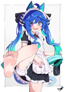 Rule 34 | 1girl, :d, @ @, absurdres, alternate costume, animal ears, apron, barefoot, black nails, bloomers, blue eyes, blue hair, boppin, border, enmaided, fingernails, grey background, heterochromia, highres, horse ears, horse girl, horse tail, looking at viewer, maid, maid apron, nail polish, no shoes, open mouth, pink eyes, polka dot, polka dot background, signature, smile, soles, solo, standing, standing on one leg, tail, toes, twin turbo (umamusume), twintails, umamusume, underwear, white bloomers, white border