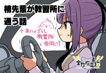 1girl animalization anyoji_hime brown_dress car_interior closed_mouth commentary_request dress driving green_eyes highres link!_like!_love_live! lone_nape_hair long_hair long_sleeves love_live! massigura otomune_kozue otomune_kozue_(first_date) pinafore_dress profile purple_hair seal_(animal) side_ponytail simple_background sleeveless sleeveless_dress solo sweatdrop sweater translation_request trembling turtleneck turtleneck_sweater virtual_youtuber white_background white_sweater