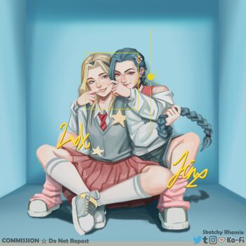 2girls absurdres blue_eyes blue_hair commentary commission facial_recognition grey_shoes grey_sweater_vest hair_ornament hairclip highres holding_another's_hair jinx_(league_of_legends) kneehighs league_of_legends leg_warmers long_hair long_sleeves lux_(league_of_legends) multiple_girls necktie pink_eyes pink_leg_warmers red_necktie rhemie shirt shoes sitting socks sweater_vest white_shirt white_socks yuri