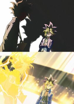 2boys black_hair black_shirt blonde_hair blue_jacket cowboy_shot glowing highres jacket male_focus medium_hair millennium_puzzle multicolored_hair multiple_boys muto_yugi purple_hair shirt spiked_hair standing white_shirt yami_yugi ygogy55 yu-gi-oh! yu-gi-oh!_(toei) yu-gi-oh!_the_dark_side_of_dimensions