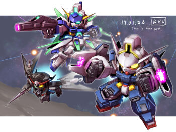 10s artist_name asteroid beam_rifle chibi clenched_hand dated energy_beam energy_gun english_text explosion glowing glowing_eye glowing_eyes gundam gundam_age gundam_age-1_glansa gundam_age-2_darkhound gundam_age-fx hook lance mecha no_humans polearm robot space text_focus weapon yabe_makoto