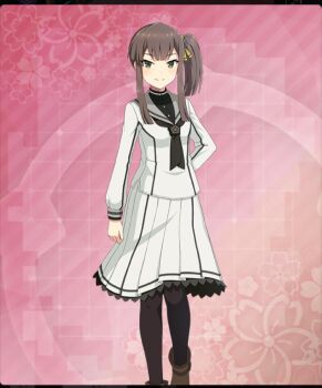 Rule 34 | 1girl, arm behind back, ayanokouji martial arts school uniform, black neckerchief, black pantyhose, black shirt, blunt bangs, blunt ends, boots, breasts, brown boots, brown hair, dot nose, double-parted bangs, floral background, foot out of frame, game cg, green eyes, hair ribbon, long sidelocks, long sleeves, looking at viewer, neckerchief, official art, pantyhose, pink background, ribbon, school uniform, serafuku, shirt, short hair with long locks, side ponytail, sidelocks, skirt, small breasts, solo, suzumoto hana, third-party source, toji no miko, toji no miko: kizamishi issen no tomoshibi, white serafuku, white shirt, white skirt, yellow ribbon