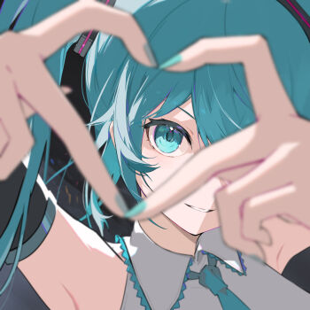 1girl aqua_eyes aqua_halo aqua_nails aqua_necktie bare_shoulders black_background black_sleeves blurry blurry_foreground collared_shirt commentary depth_of_field detached_sleeves fingernails four-finger_heart_hands frilled_shirt frills grey_shirt hair_between_eyes halo hatsune_miku heart heart_hands heart_hands_over_eye highres long_hair looking_at_viewer nail_polish necktie one_eye_covered parted_lips portrait shirt sleeveless sleeveless_shirt smile solo su_ran_(bilibili_18604428) symbol-only_commentary twintails vocaloid