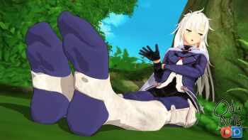3d :o artist_name blue_eyes character_request copyright_request feet foot_focus from_below highres long_hair looking_to_the_side oda_arts on_floor outdoors patreon_logo pixiv_logo signature sitting stirrup_legwear toeless_legwear tree white_hair