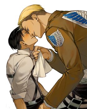 2boys adam&#039;s_apple arm_up ascot ascot_grab belt black_belt black_pants black_straps blonde_hair blue_eyes blush brown_eyes brown_hair brown_jacket cherry_aot chest_strap clothes_grab collared_shirt commentary cropped_jacket erwin_smith eye_contact hashtag-only_commentary highres imminent_kiss jacket layered_sleeves leaning_forward levi_(shingeki_no_kyojin) long_sleeves looking_at_another male_focus multicolored_hair multiple_boys neckwear_grab pants paradis_military_uniform parted_lips shingeki_no_kyojin shirt simple_background smile thick_eyebrows thigh_strap two-tone_hair white_ascot white_background white_pants white_shirt wing_collar yaoi