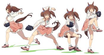 1girl animal_ears ball baseball baseball_(object) black_gloves brown_hair closed_mouth commentary_request frilled_socks frills gloves hair_ornament highres hishi_akebono_(casual)_(umamusume) hishi_akebono_(umamusume) horse_ears horse_girl horse_tail leg_up long_hair motion_blur multiple_views nishiki_kazue open_mouth pink_shoes pink_skirt pitching red_eyes shirt shoes simple_background skirt socks tail throwing twintails umamusume white_background white_shirt white_socks