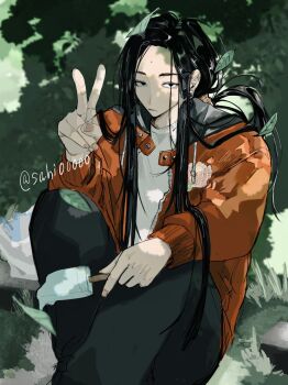 1boy black_eyes black_hair black_pants closed_mouth commentary_request cowboy_shot dappled_sunlight food forehead hand_up highres holding holding_food holding_popsicle jacket long_hair long_sleeves looking_at_viewer male_focus melting_popsicle mole mole_on_forehead open_clothes open_jacket orange_jacket original pants popsicle sahi00000 sanpaku sitting solo sunlight v