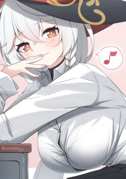 1girl blue_archive blush braid breasts closed_mouth commentary_request eri_(blue_archive) fingernails halo hanging_breasts highres large_breasts long_hair long_sleeves looking_at_viewer musical_note nail_polish orange_eyes pink_nails shirt side_braid smile speech_bubble spoken_musical_note umou_(may65879) upper_body white_hair white_shirt witch yellow_halo