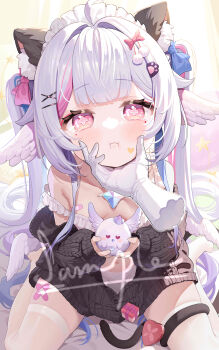 Rule 34 | 1girl, absurdres, ahoge, animal, animal ear fluff, animal ears, bandaid, bandaid on leg, black jacket, blue bow, blush, bow, breasts, camisole, cat ears, chinese commentary, closed mouth, commentary request, cross-shaped pupils, gloves, hair bow, hair ornament, hand on another's cheek, hand on another's face, head wings, heart, heart hair ornament, highres, holding, holding animal, indie virtual youtuber, jacket, ji guang xian yu, long hair, long sleeves, looking at viewer, multicolored hair, neeko (vtuber), original, pink bow, pink eyes, pink hair, sample watermark, sitting, small breasts, solo, strap slip, streaked hair, symbol-shaped pupils, tail, tail bow, tail ornament, thighhighs, twintails, virtual youtuber, wariza, watermark, white camisole, white gloves, white hair, white thighhighs, white wings, wings