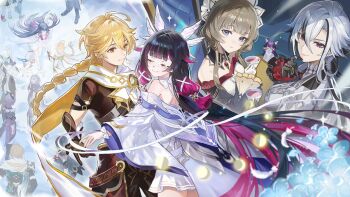 1boy 1girl aether_(genshin_impact) aino_(genshin_impact) arlecchino_(genshin_impact) blonde_hair braid closed_eyes columbina_(genshin_impact) dancing durin_(genshin_impact) flins_(genshin_impact) fractalmagnolia genshin_impact head_wings ineffa_(genshin_impact) lauma_(genshin_impact) sandrone_(genshin_impact) tea varka_(genshin_impact) wings