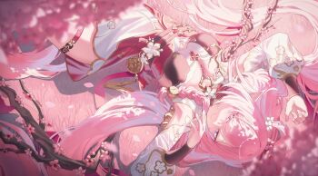 1girl arm_up branch breasts cleavage closed_mouth commentary dress elysia_(herrscher_of_human:_ego)_(honkai_impact) elysia_(honkai_impact) elysia_(peachy_spring)_(honkai_impact) from_above hand_up hashtag-only_commentary highres honkai_(series) honkai_impact_3rd hyume_26 large_breasts long_hair looking_at_viewer lying official_alternate_costume on_back pink_hair pink_theme pointy_ears purple_eyes sidelocks smile solo thigh_strap thighs