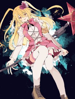 absurdres armband artist_request blonde_hair bow breasts don_quixote_(project_moon) dress e.g.o_(project_moon) hair_bow hair_ornament heart highres in_the_name_of_love_and_hate_(e.g.o) large_breasts limbus_company lobotomy_corporation_(identity)_(project_moon) long_hair magical_girl miniskirt orange_armband orange_eyes pink_dress project_moon skirt thighhighs