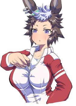 1girl animal_ears blush brown_hair collarbone commentary_request cropped_torso hand_up highres horse_ears jacket long_sleeves mejiro_ryan_(umamusume) multicolored_hair parted_lips purple_eyes red_jacket shirt simple_background solo sweat takobutter track_jacket two-tone_hair umamusume upper_body white_background white_hair white_shirt