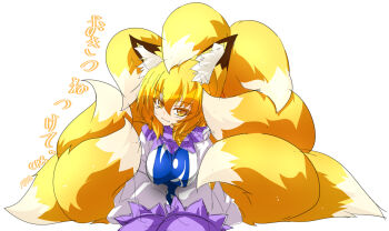 Rule 34 | 1girl, animal ear fluff, animal ears, arm support, blonde hair, blue tabard, breasts, commentary request, fang, fox ears, fox girl, fox tail, hair between eyes, highres, impossible clothes, kazami karasu, large breasts, leaning forward, light smile, looking at viewer, medium hair, multiple tails, no headwear, simple background, sitting, sketch, skin fang, sleeves past fingers, sleeves past wrists, solo, tabard, tail, touhou, white background, yakumo ran, yellow eyes