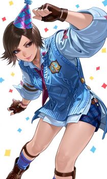 1girl birthday blue_shorts blue_sweater_vest brown_eyes brown_gloves brown_hair closed_mouth commentary confetti english_commentary fingerless_gloves gloves hat highres kazama_asuka long_sleeves necktie party_hat red_necktie shirt short_hair shorts smile solo sr_dewitt1999 sweater_vest tekken tekken_8 white_shirt