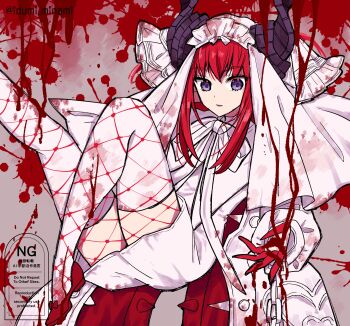 1girl blood breasts curled_horns dragon_horns dragon_tail dress elizabeth_bathory_(avenger)_(fate) elizabeth_bathory_(fate) fate/grand_order fate_(series) fishnet_pantyhose fishnets hair_ribbon highres horns izumi_minami long_hair long_sleeves looking_at_viewer pantyhose purple_eyes red_hair ribbon small_breasts solo tail thighhighs thighs two_side_up veil white_dress white_thighhighs