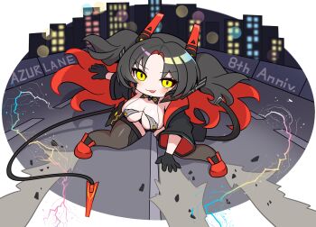 1girl akira_(manga) akira_slide azur_lane black_hair breasts drifting highres large_breasts long_hair looking_at_viewer mechanical_tail scene_reference shanghai_kani slit_pupils sports_bra tail tongue tongue_out twintails yellow_eyes z52_(azur_lane)