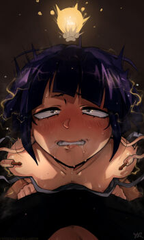 10s 1boy 1girl ahegao boku_no_hero_academia breasts clenched_teeth dashed_eyes downblouse drooling electricity highres jiro_kyoka kaminari_denki light_bulb looking_at_viewer nipple_slip nipples no_bra pov saliva small_breasts strap_slip sweat teeth trembling yellowroom