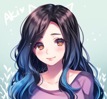 Rule 34 | 1girl, akidearest, animification, aqua background, arms at sides, artist name, black hair, blue hair, blush, character name, closed mouth, commentary, drawn ears, english commentary, gift art, gradient background, gradient hair, light particles, lips, long hair, looking at viewer, multicolored hair, orange eyes, portrait, purple shirt, real life, sasucchi95, shirt, simple background, smile, solo, two-tone hair, wavy hair